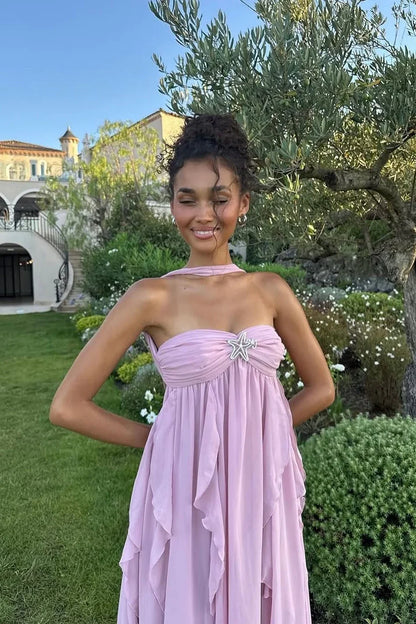 Vestido largo rosa con volantes para mujer
