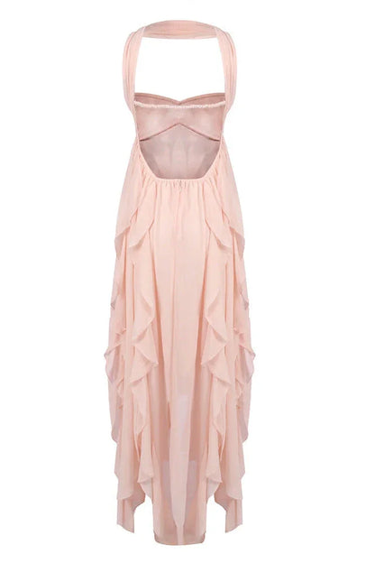 Vestido largo rosa con volantes para mujer