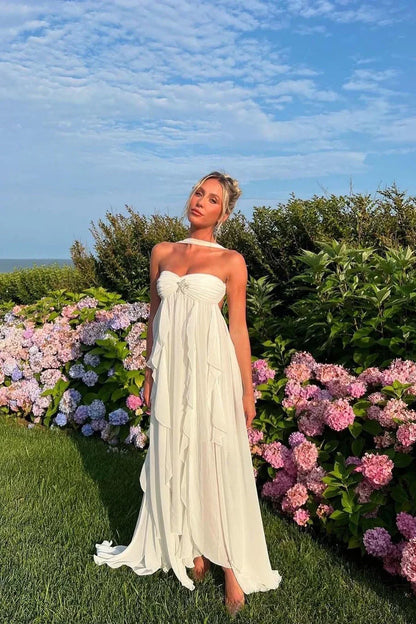 Vestido largo rosa con volantes para mujer