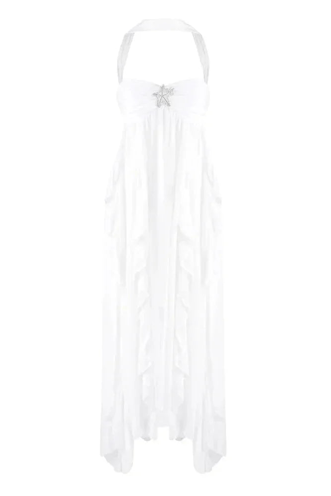 Vestido largo rosa con volantes para mujer