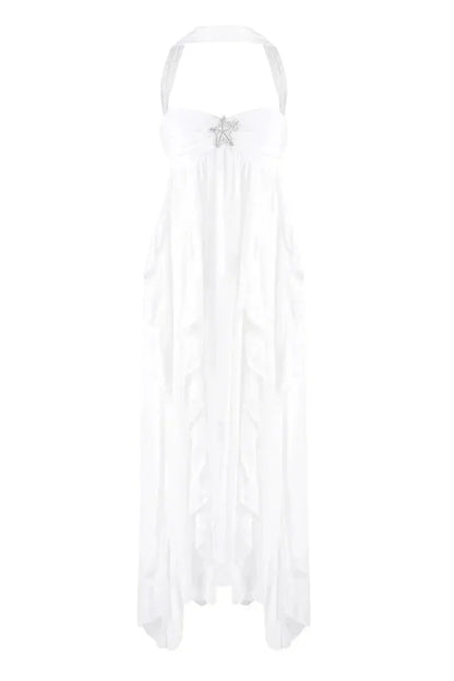 Vestido largo rosa con volantes para mujer