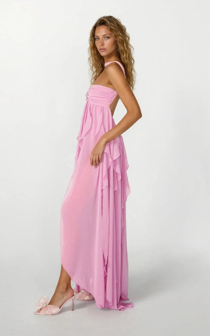 Vestido largo rosa con volantes para mujer