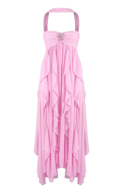 Vestido largo rosa con volantes para mujer