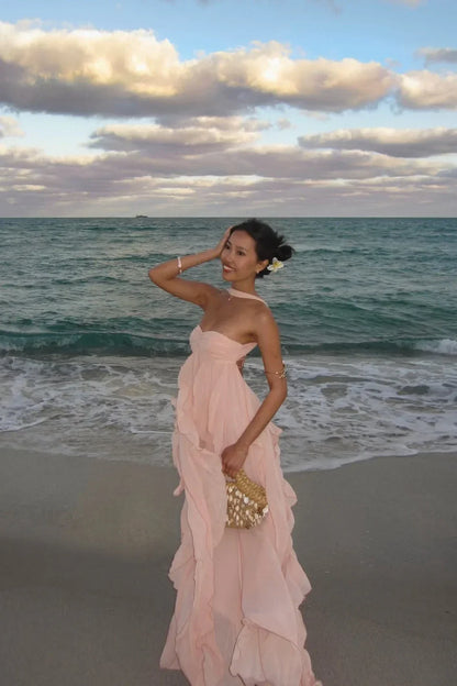 Vestido largo rosa con volantes para mujer