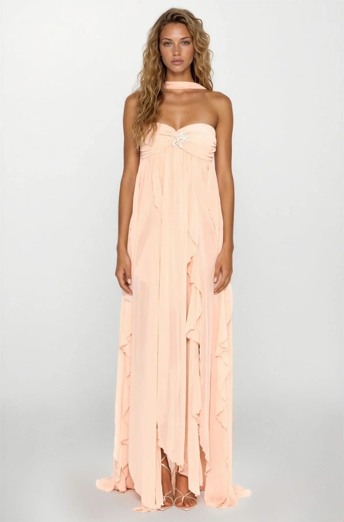 Vestido largo rosa con volantes para mujer