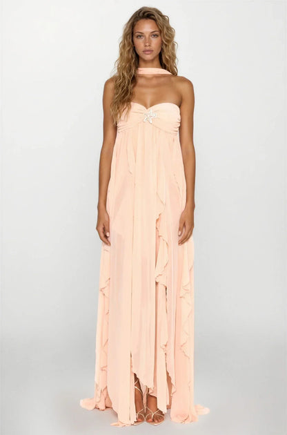 Vestido largo rosa con volantes para mujer