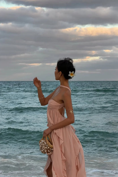 Vestido largo rosa con volantes para mujer
