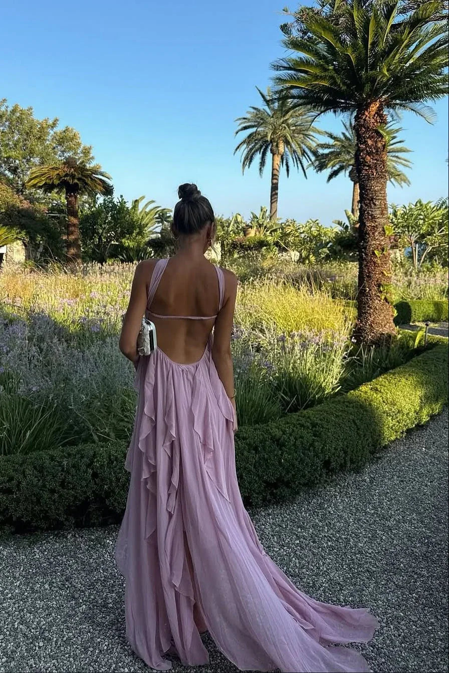 Vestido largo rosa con volantes para mujer