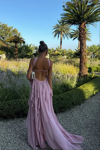 Vestido largo rosa con volantes para mujer