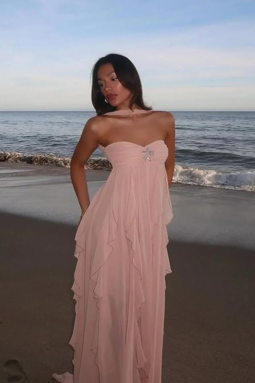 Vestido largo rosa con volantes para mujer