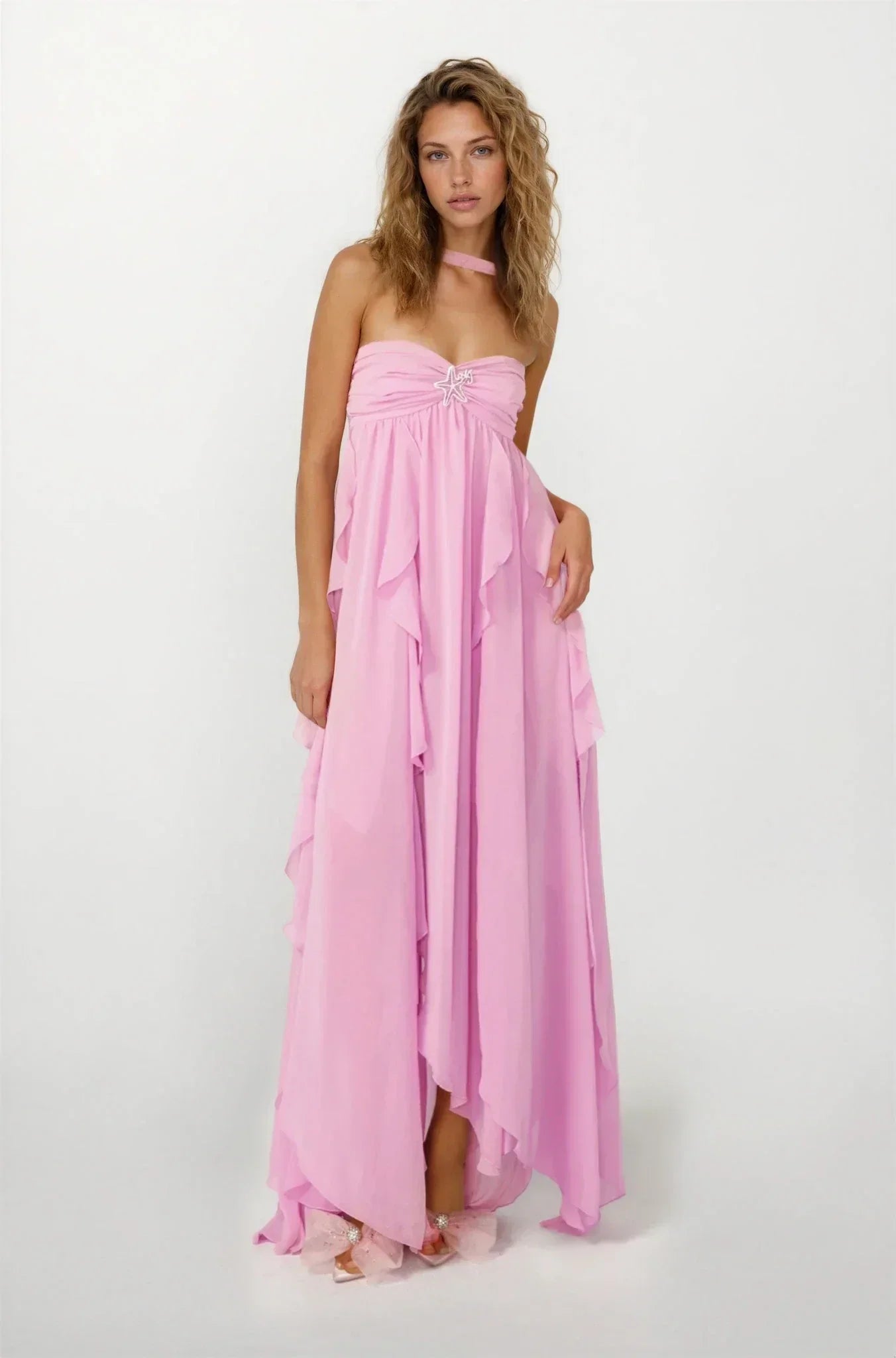Vestido largo rosa con volantes para mujer