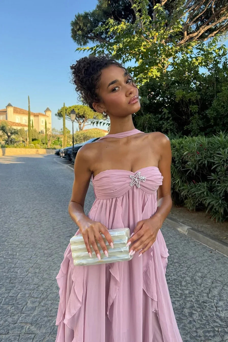 Vestido largo rosa con volantes para mujer
