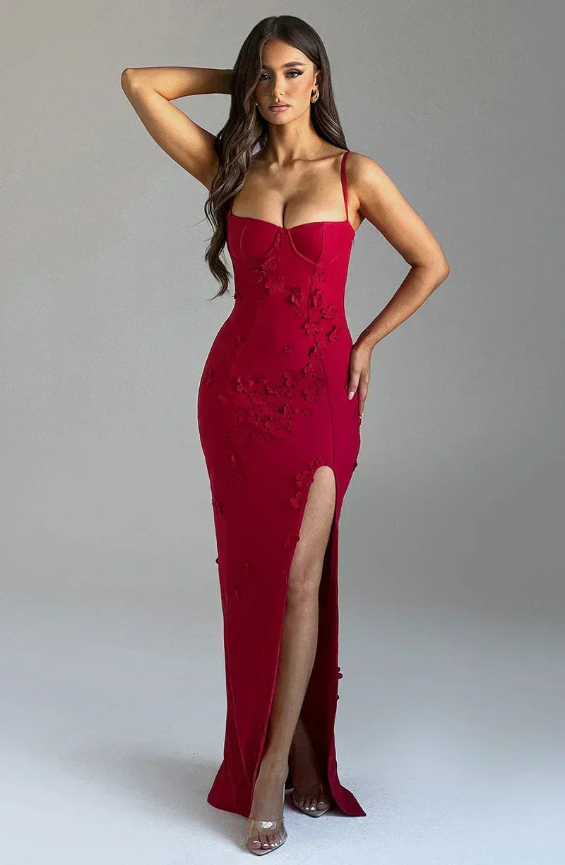 Vestido largo mujer rojo con abertura y bordados