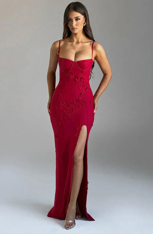 Vestido largo mujer rojo con abertura y bordados