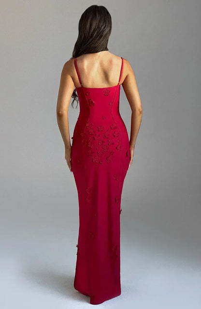 Vestido largo mujer rojo con abertura y bordados