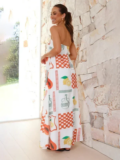 Vestido largo mujer sin tirantes con estampado veraniego