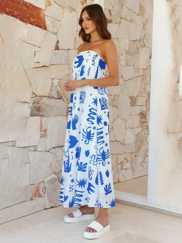Vestido largo mujer sin tirantes con estampado veraniego