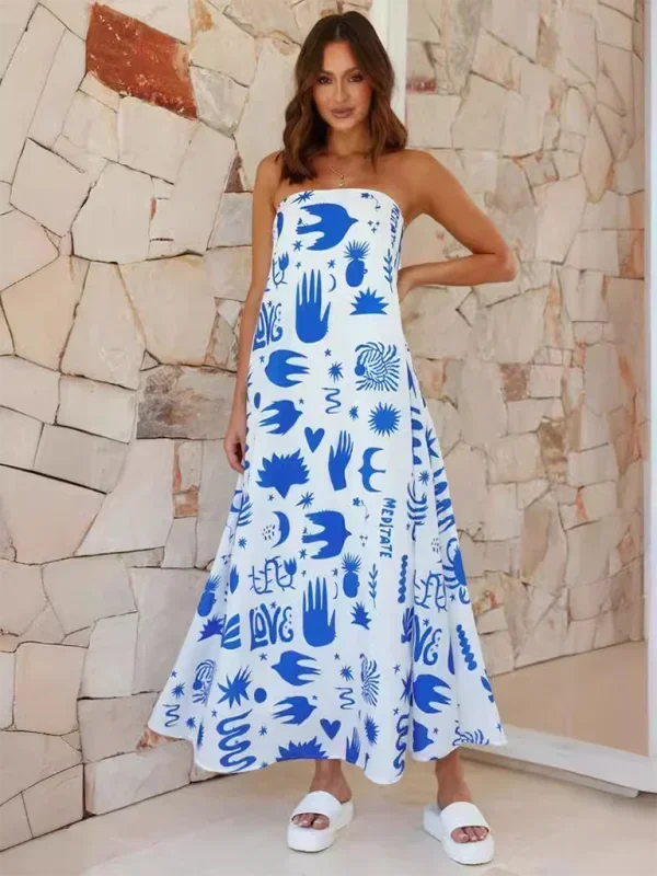 Vestido largo mujer sin tirantes con estampado veraniego
