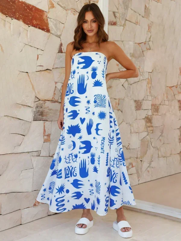 Vestido largo mujer sin tirantes con estampado veraniego