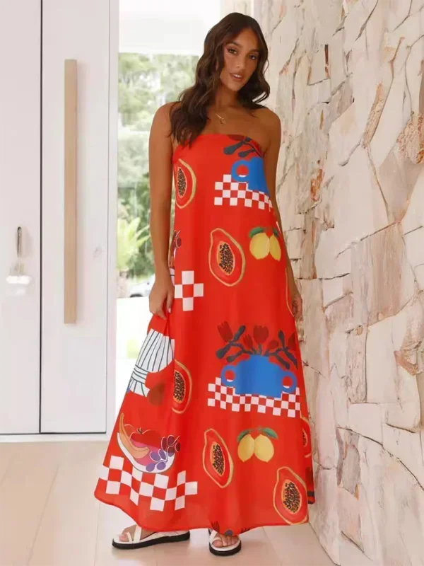 Vestido largo mujer sin tirantes con estampado veraniego