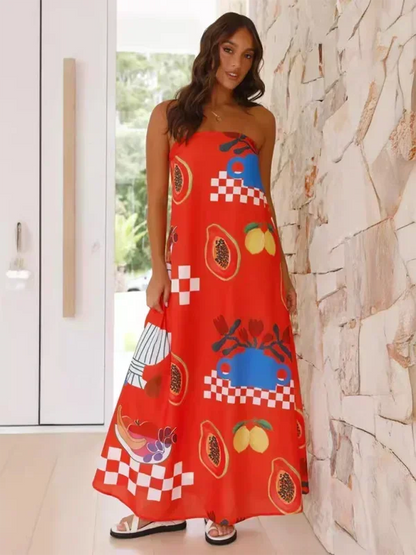 Vestido largo mujer sin tirantes con estampado veraniego