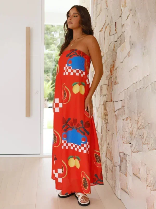 Vestido largo mujer sin tirantes con estampado veraniego