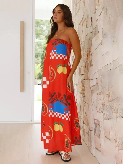 Vestido largo mujer sin tirantes con estampado veraniego