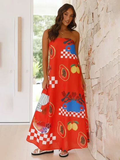 Vestido largo mujer sin tirantes con estampado veraniego