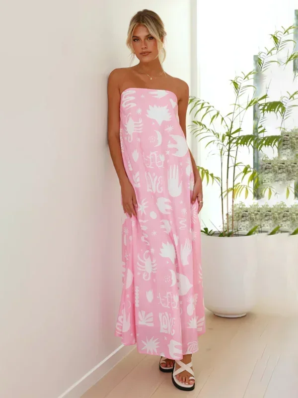 Vestido largo mujer sin tirantes con estampado veraniego