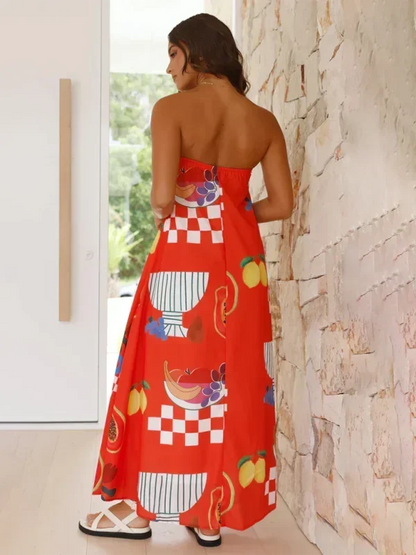 Vestido largo mujer sin tirantes con estampado veraniego