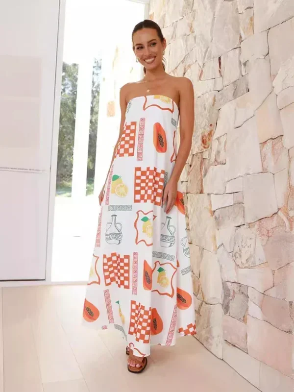 Vestido largo mujer sin tirantes con estampado veraniego
