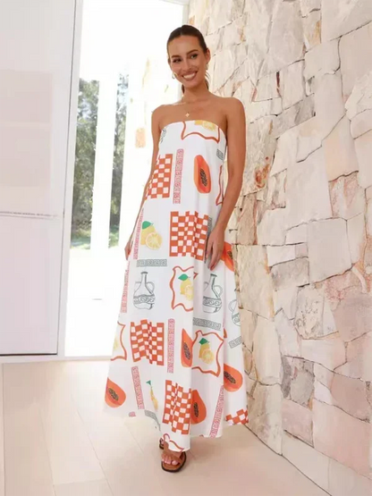 Vestido largo mujer sin tirantes con estampado veraniego