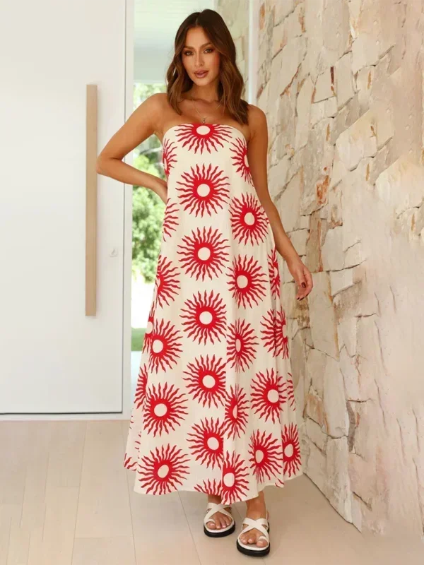 Vestido largo mujer sin tirantes con estampado veraniego