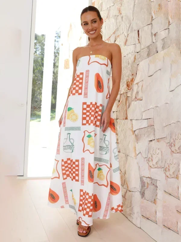 Vestido largo mujer sin tirantes con estampado veraniego