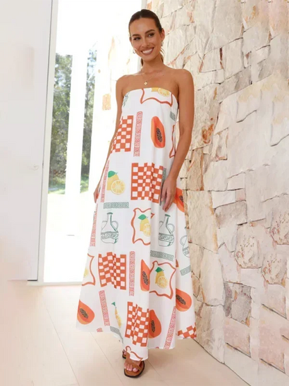 Vestido largo mujer sin tirantes con estampado veraniego