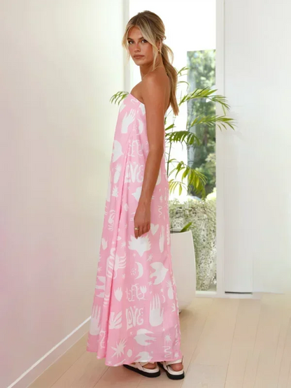Vestido largo mujer sin tirantes con estampado veraniego
