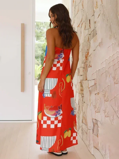 Vestido largo mujer sin tirantes con estampado veraniego