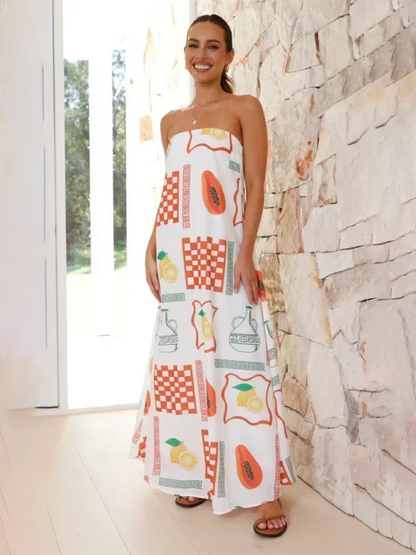 Vestido largo mujer sin tirantes con estampado veraniego