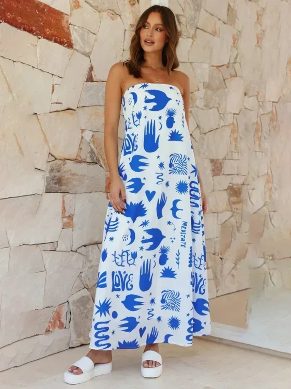 Vestido largo mujer sin tirantes con estampado veraniego