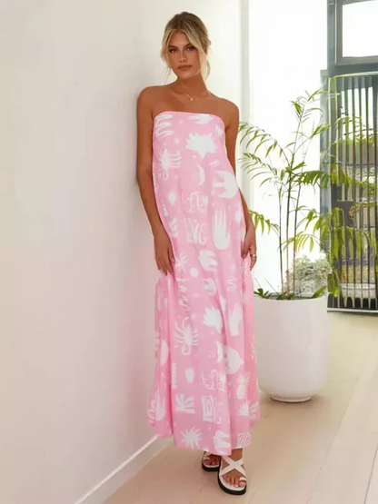 Vestido largo mujer sin tirantes con estampado veraniego
