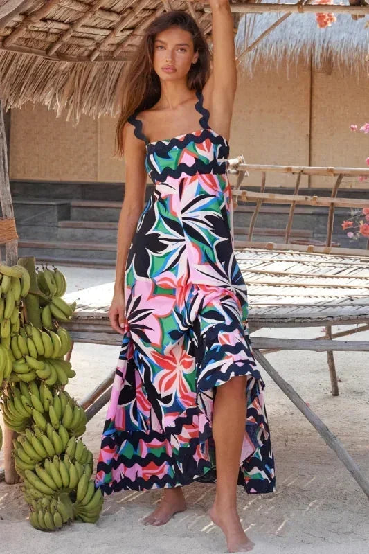 Vestido largo mujer sin mangas con borde ondulado