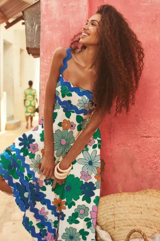 Vestido largo mujer sin mangas con borde ondulado