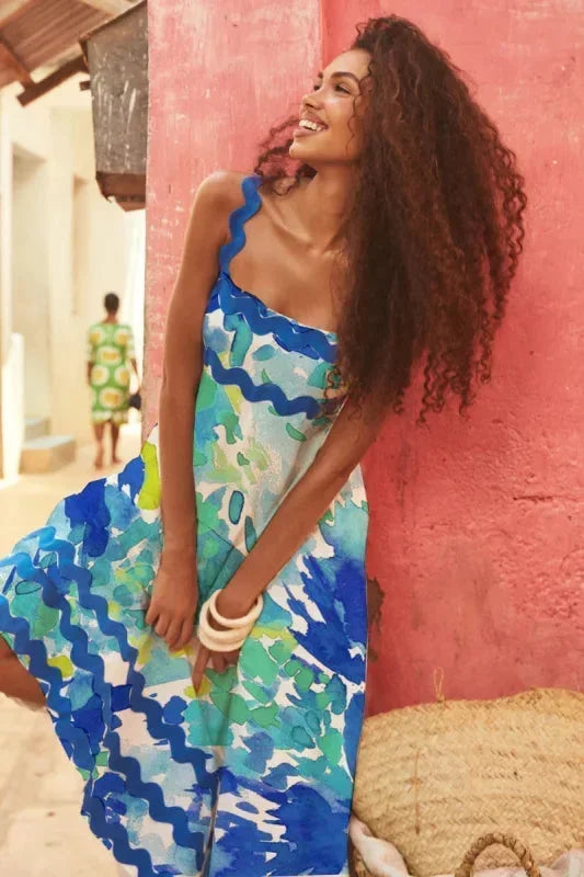 Vestido largo mujer sin mangas con borde ondulado