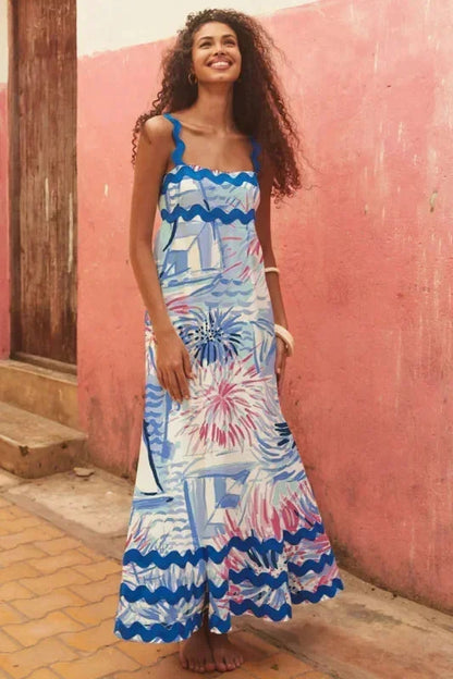 Vestido largo mujer sin mangas con borde ondulado