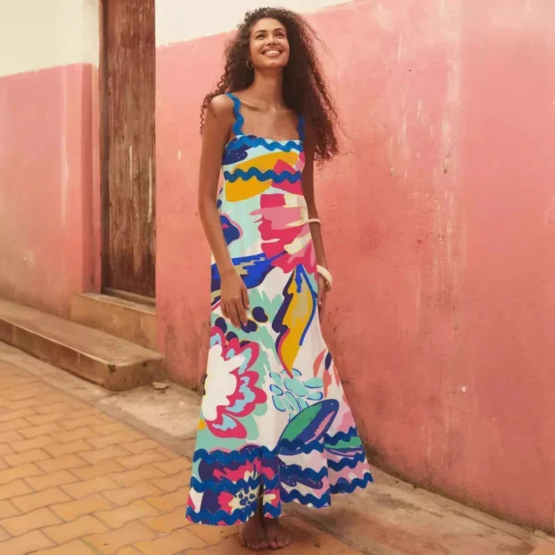Vestido largo mujer sin mangas con borde ondulado