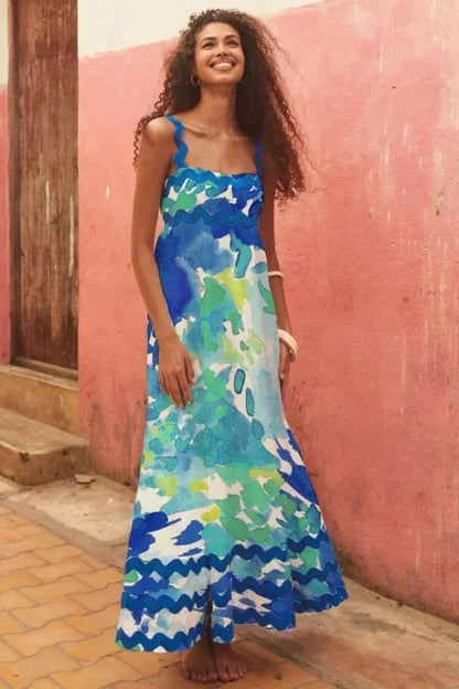 Vestido largo mujer sin mangas con borde ondulado