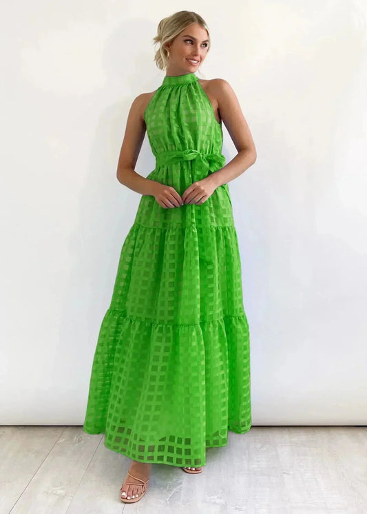 Vestido largo de mujer sin mangas con estampado chic y cinturón