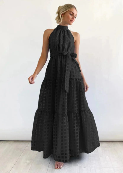 Vestido largo de mujer sin mangas con estampado chic y cinturón