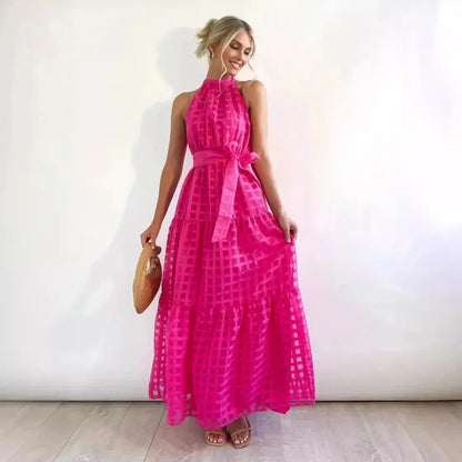 Vestido largo de mujer sin mangas con estampado chic y cinturón