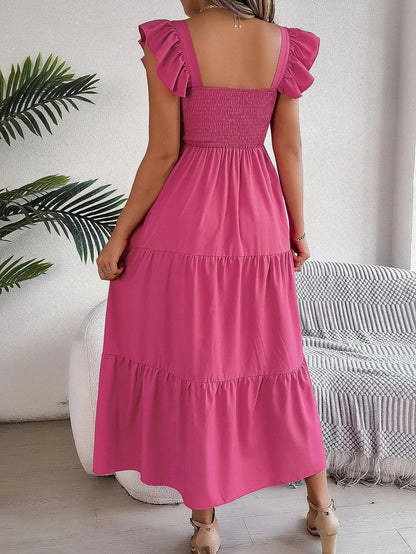 Vestido largo mujer con nido de abeja, volantes y mangas cortas
